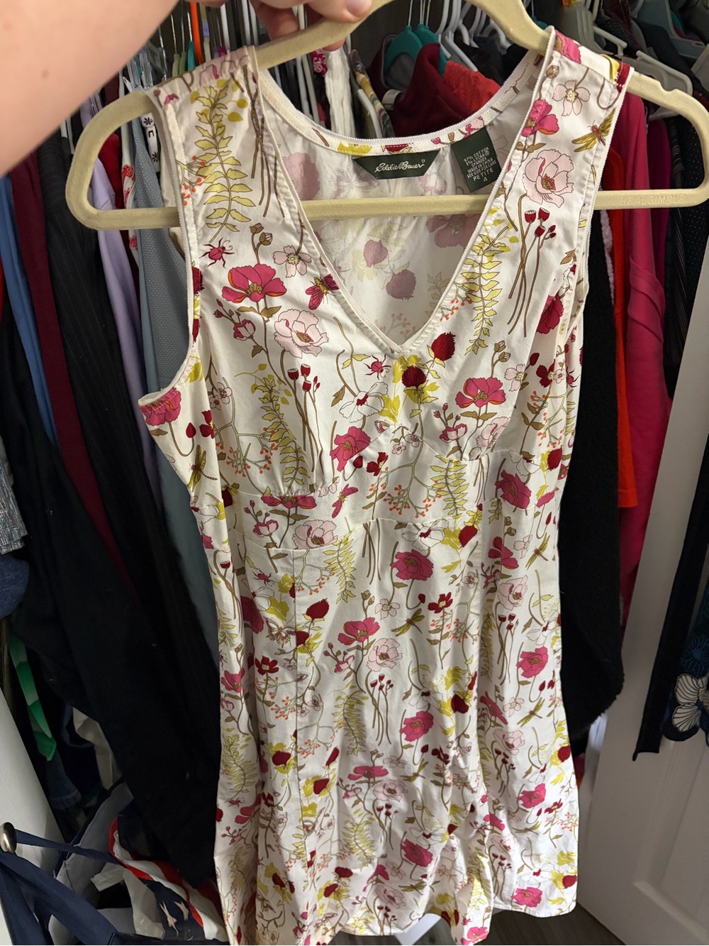 Eddie Bauer White Floral Midi Dress with Pink & Green Print